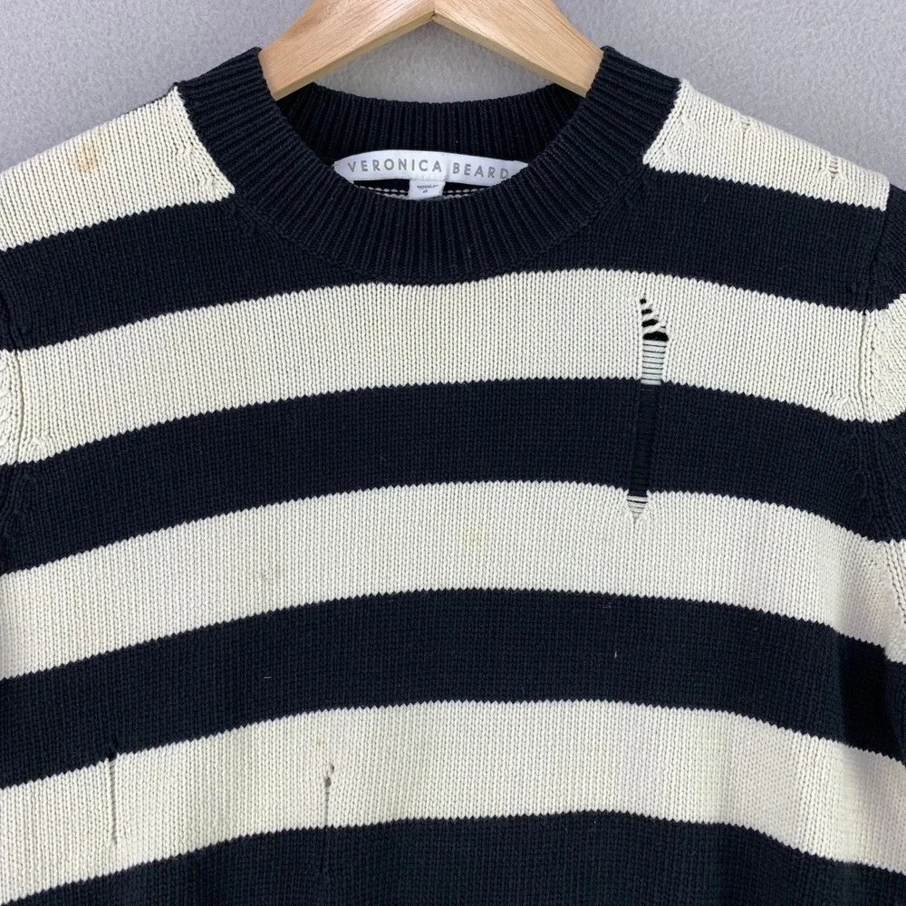 Veronica Beard Sweater Women S Black White Striped Distressed Cotton Knit